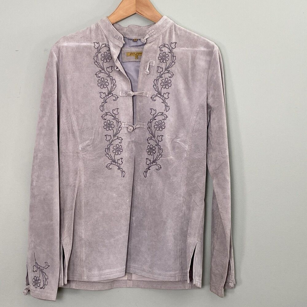 Rem Garson Suede Leather Top Embroidered Frog Closure Womens Small Gray Boho